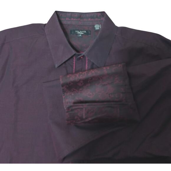 Men's TED BAKER Dark Red Dress Shirt Men Sz 16 Pinpoint Long-Sleeve Cotton - Picture 2 of 7